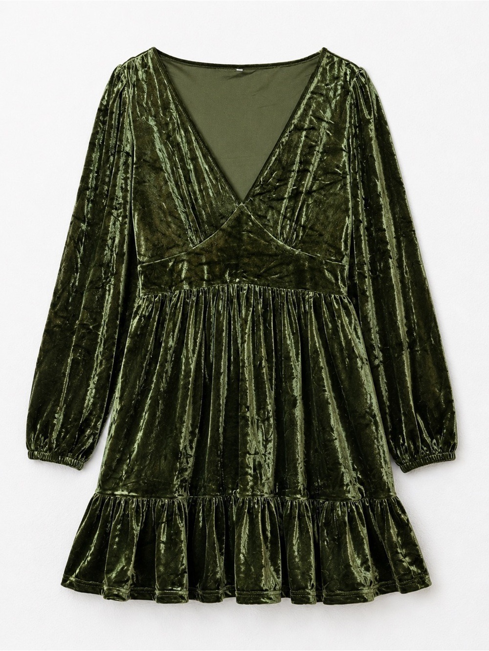 NWT Halara Velvet Mini Chill Dress Olive Green Deep V Ruffle Hem M - Picture 3 of 8